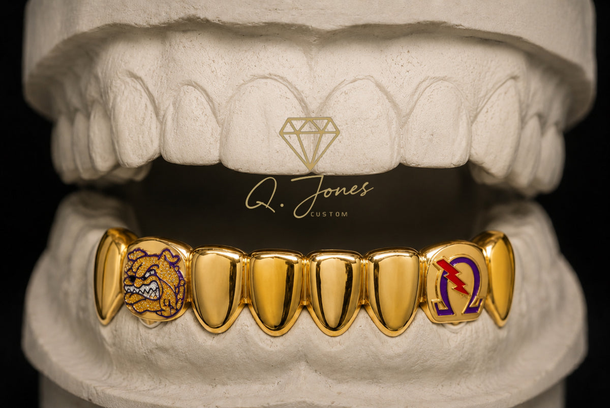 Omega Psi Phi custom gold grill by Q. Jones Dental Couture