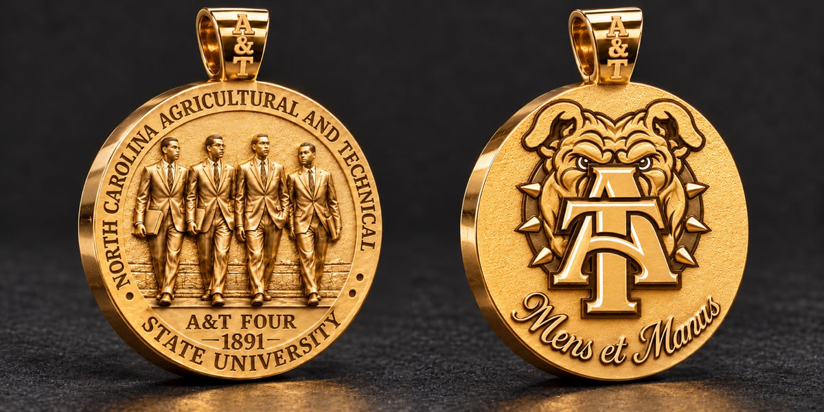 Design rendering of both sides of the NC A&T Four and Aggie Heritage pendant