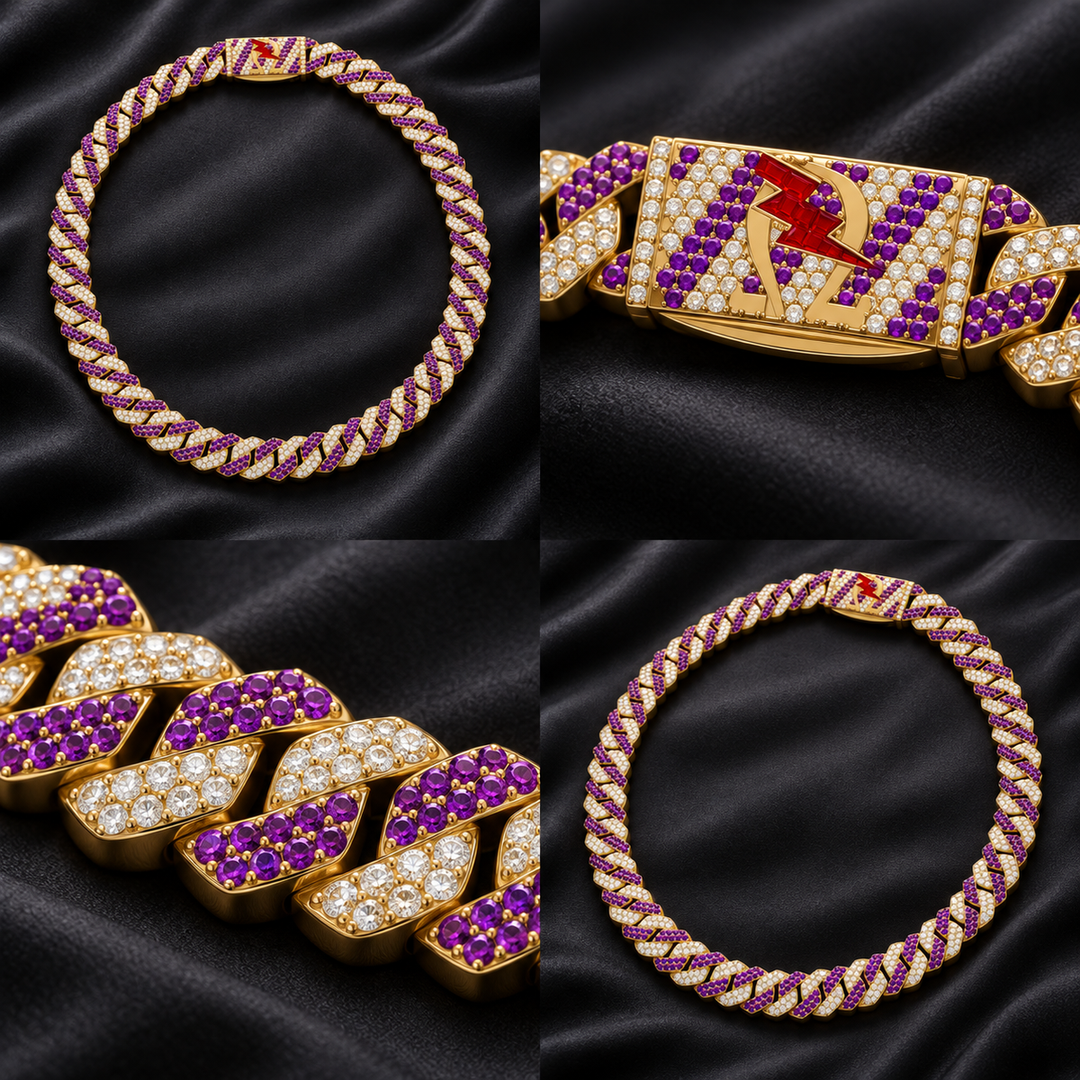 Omega Psi Phi Cuban Link Necklace — rendered full-chain, clasp and gemstone detail views