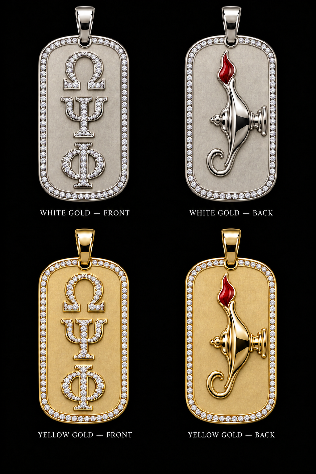Omega Psi Phi diamond dog tag front and back in White Gold and Yellow Gold colors