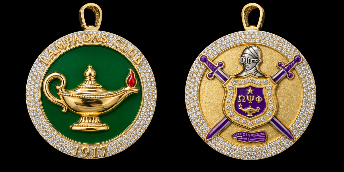 Omega Psi Phi Lampadas Club reversible pendant with green enamel lamp face and full-color shield reverse