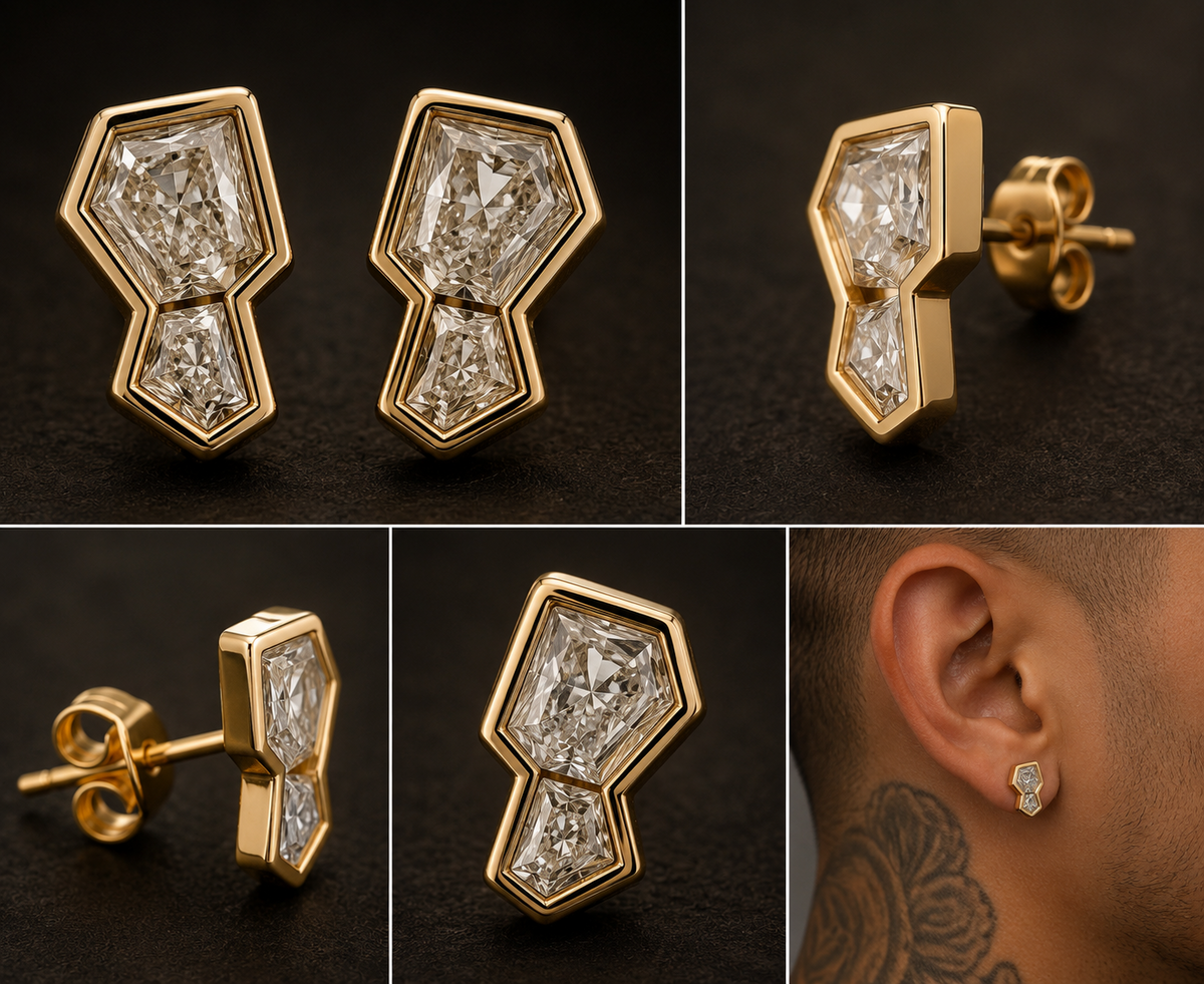 Shattered Dreams geometric diamond earrings studio and worn views