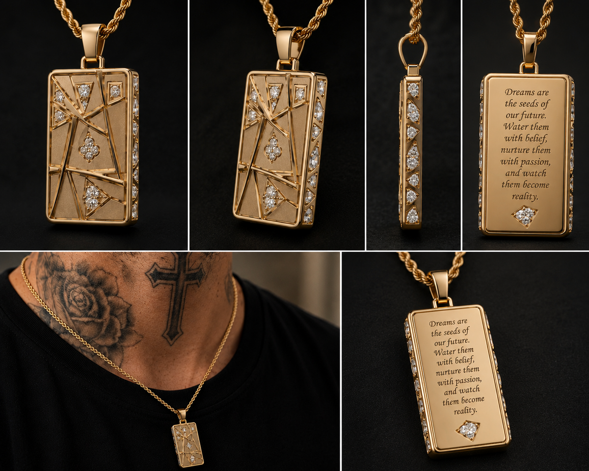 Shattered Dreams pendant front back side and worn views