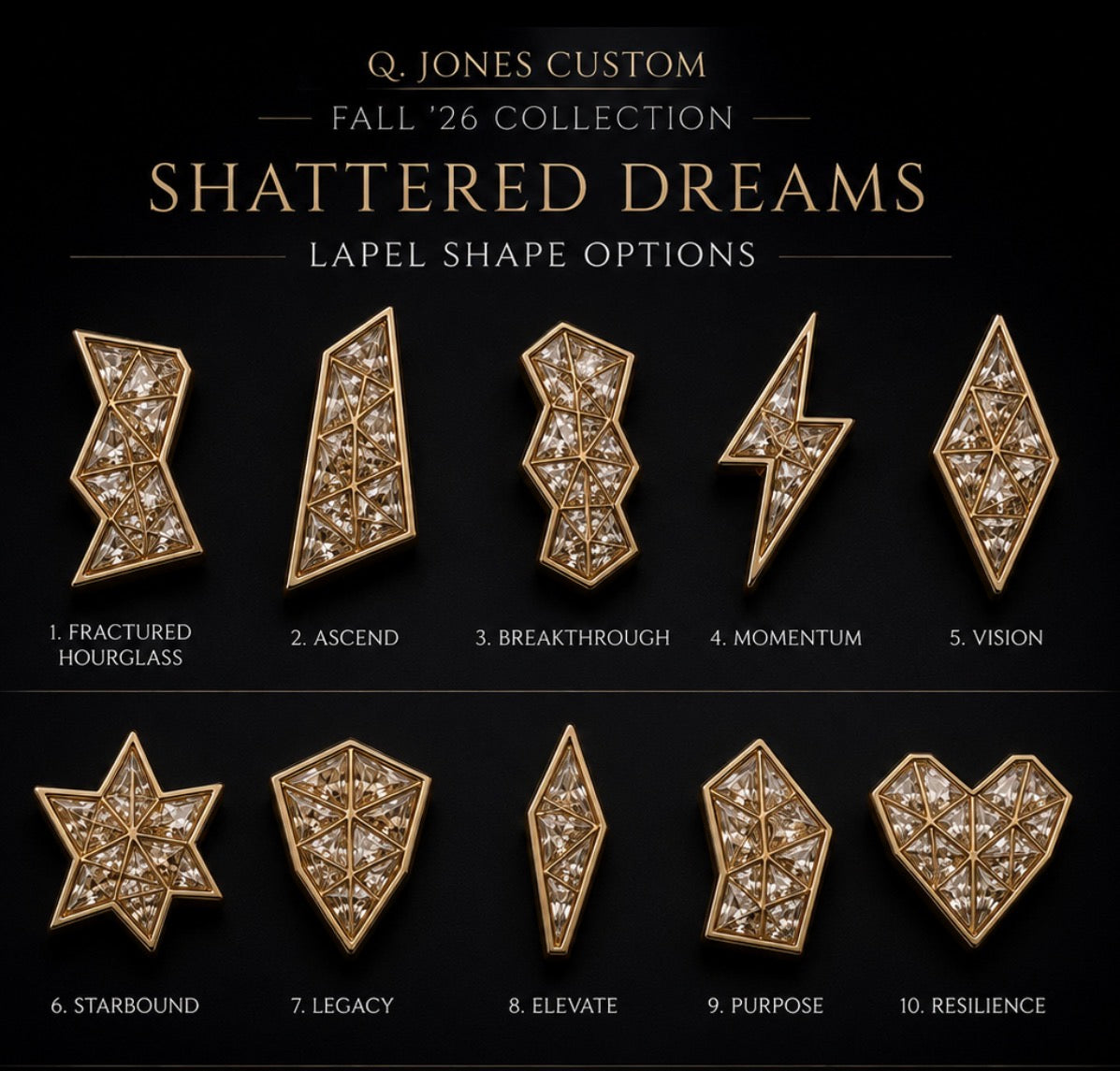 Symbols of Ambition lapel pin collection — shape options