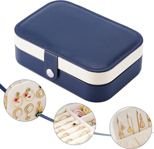 Travel Jewelry Box, PU Leather Small Jewelry Organizer for Women Girls, Double Layer Portable Mini Travel Case Display Storage Holder Boxes for Stud Earrings, Rings,Necklaces,Bracelets (Dark Blue)